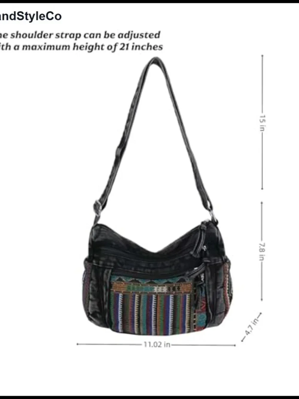 Boho Denim Crossbody Bag with Pockets, Adjustable Strap, Vintage Hippie Purse